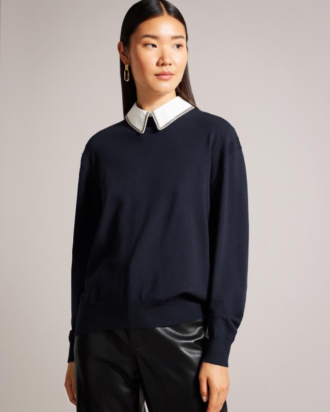 Pull Ted Baker Mockable With Embellished Collar Bleu Marine Femme | EAC-76967599